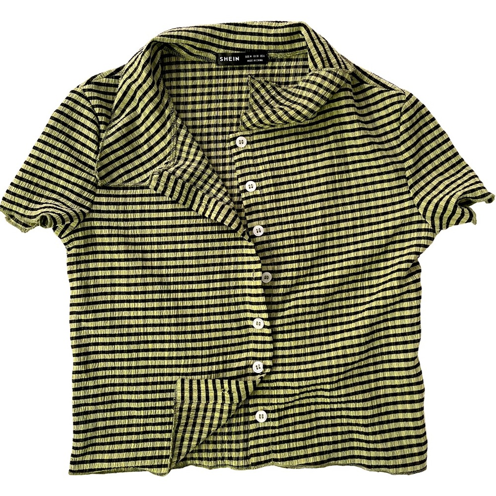 SHEIN Olive Green Blk Short-Sleeve Crop Plaid Top Sz M